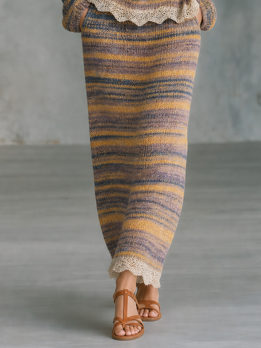 Vintage Romance Striped Knit Lace Hem Midi Skirt