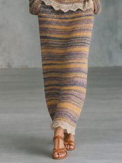 Vintage Romance Striped Knit Lace Hem Midi Skirt