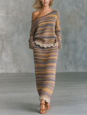 Vintage Romance Striped Knit Lace Hem Midi Skirt
