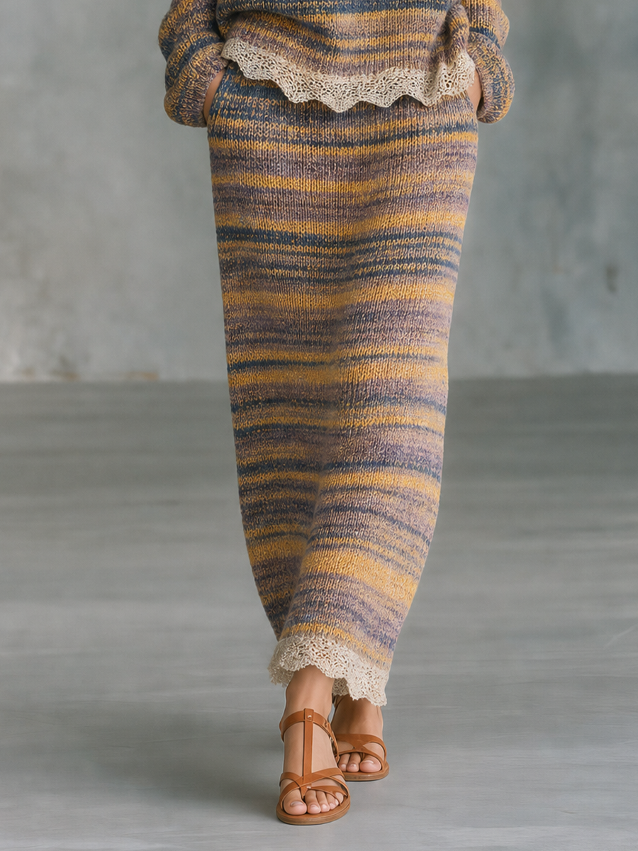 Vintage Romance Striped Knit Lace Hem Midi Skirt