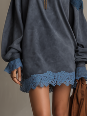Romantic Blue Lace Trim Relaxed Mini Dress