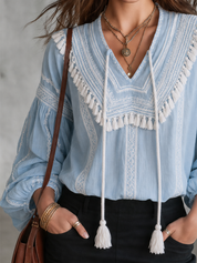 Coastal Boho Embroidered Tassel Tie-Neck Blouse Top