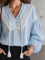 Coastal Boho Embroidered Tassel Tie-Neck Blouse Top