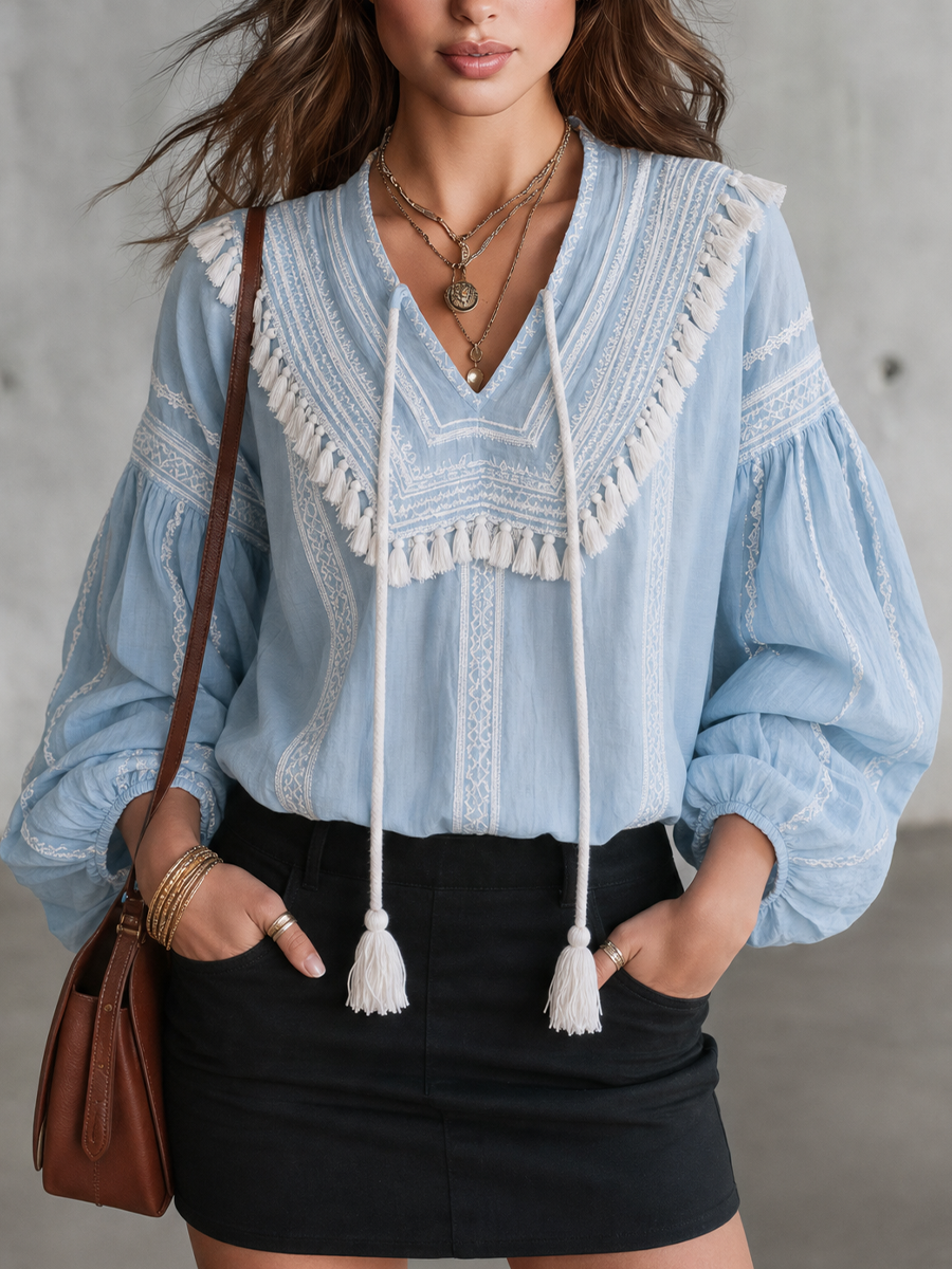Coastal Boho Embroidered Tassel Tie-Neck Blouse Top