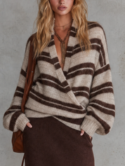 Cozy Vintage Slouchy Striped Wrap Sweater Top