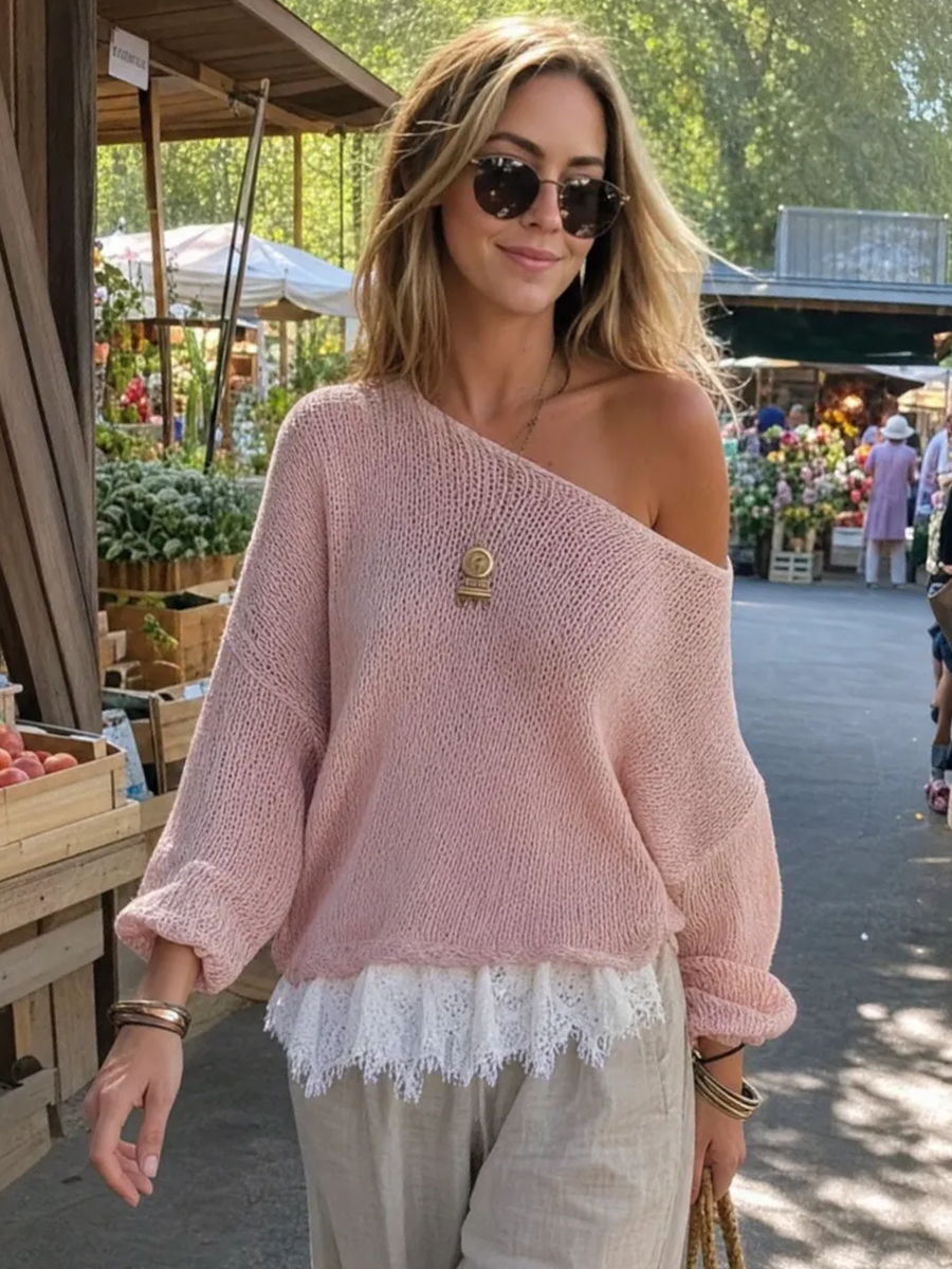 Soft Pink Knitted Sweater With Lace Hem
