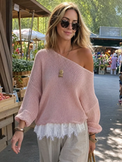 Soft Pink Knitted Sweater With Lace Hem