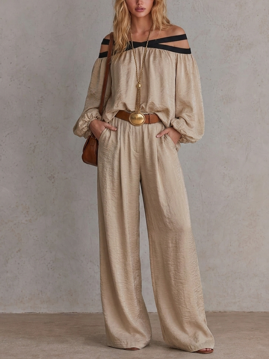 Boho Luxe Contrast Strap Wide Leg Jumpsuit-Style Set