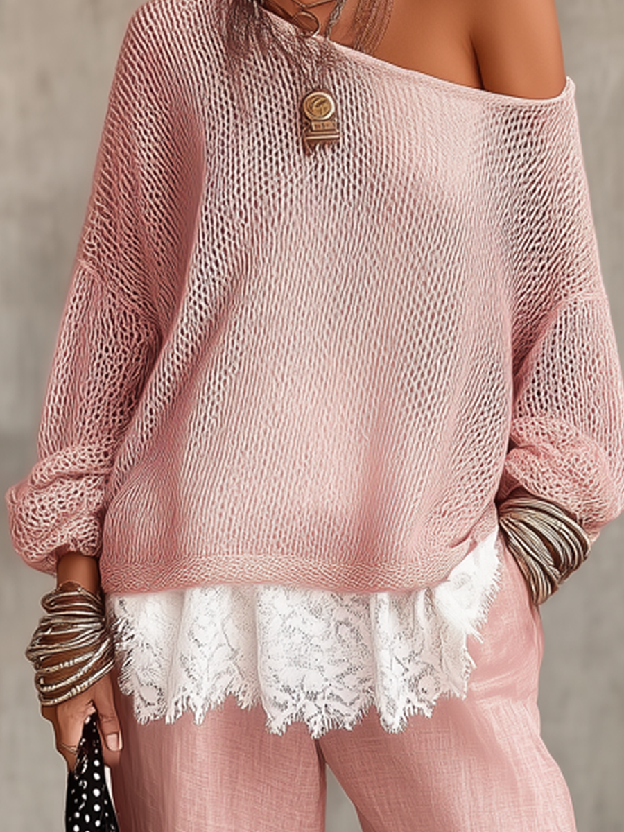 Soft Pink Knitted Sweater With Lace Hem
