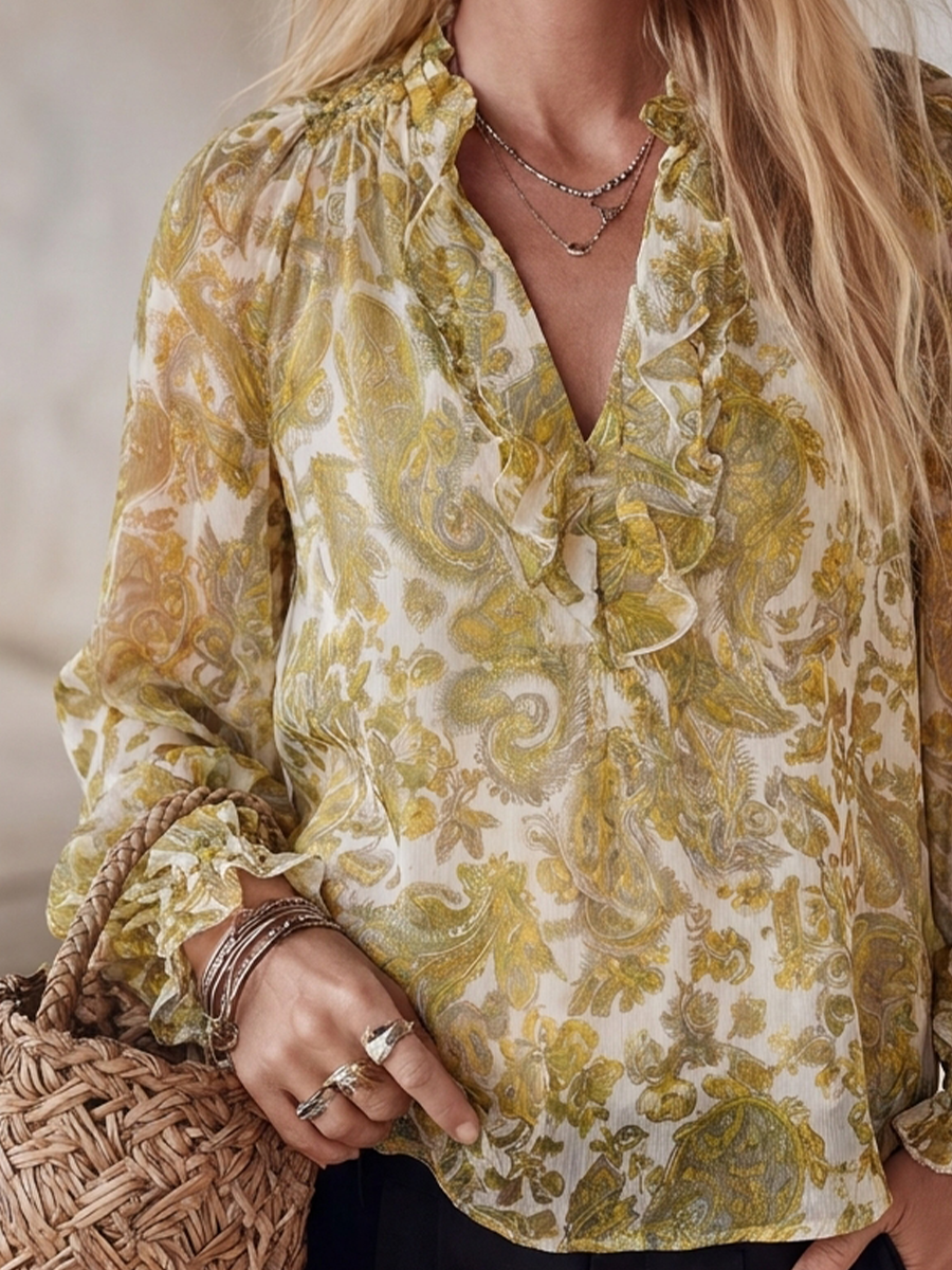 Romantic Boho Paisley Ruffle V-Neck Chiffon Blouse Top
