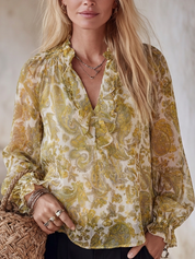 Romantic Boho Paisley Ruffle V-Neck Chiffon Blouse Top