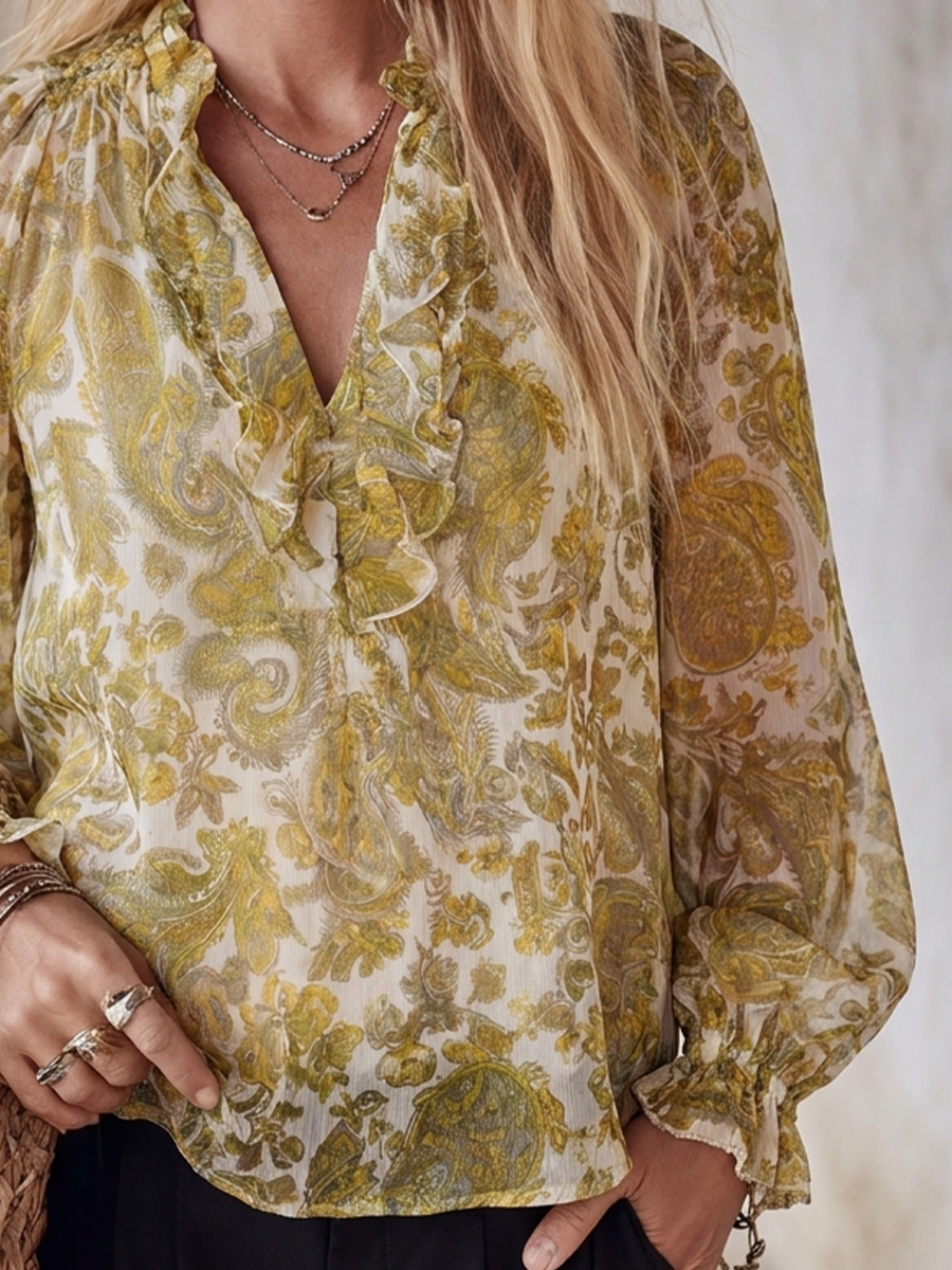 Romantic Boho Paisley Ruffle V-Neck Chiffon Blouse Top