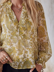 Romantic Boho Paisley Ruffle V-Neck Chiffon Blouse Top