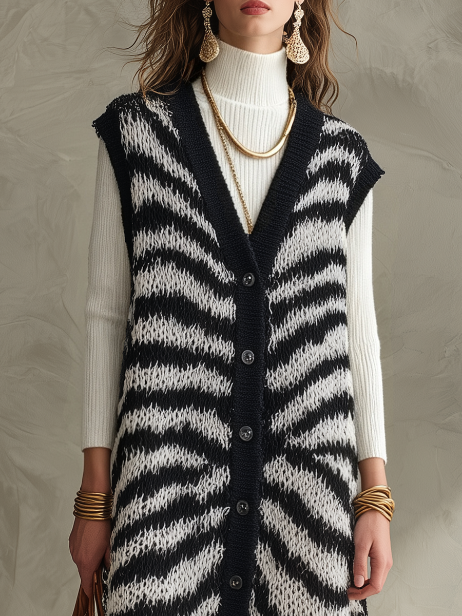Vintage Black White Striped Knit Vest