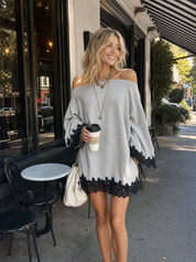 Soft Gray Knitted Lace Hem Mini Dress
