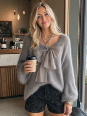 Soft Grey Mohair Knit Bow Tie Sweater