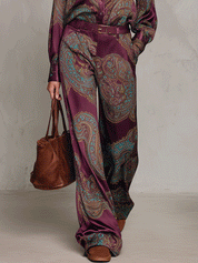 Paisley Print Satin Long Sleeve Shirt & Wide Leg Pants Set