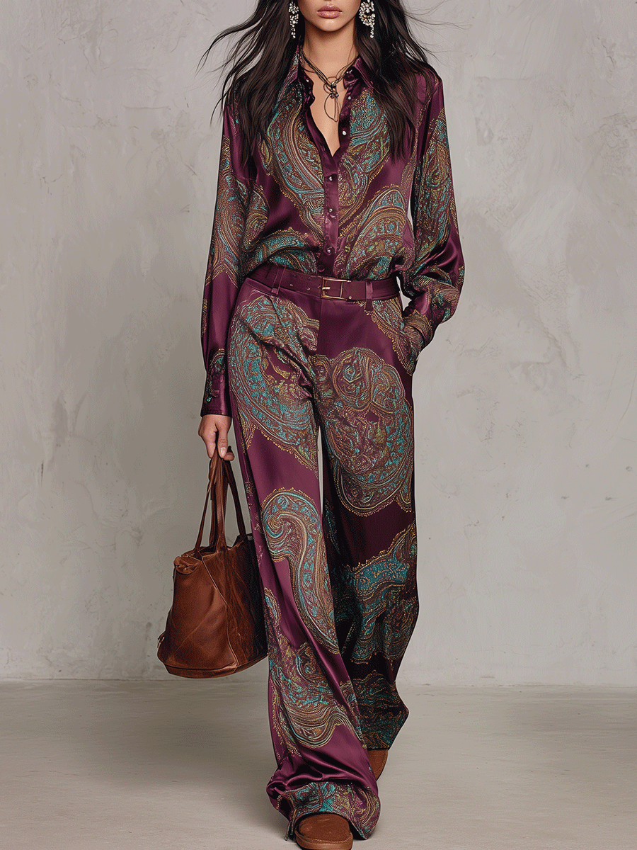 Paisley Print Satin Long Sleeve Shirt & Wide Leg Pants Set