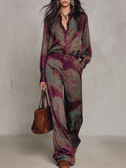 Paisley Print Satin Long Sleeve Shirt & Wide Leg Pants Set