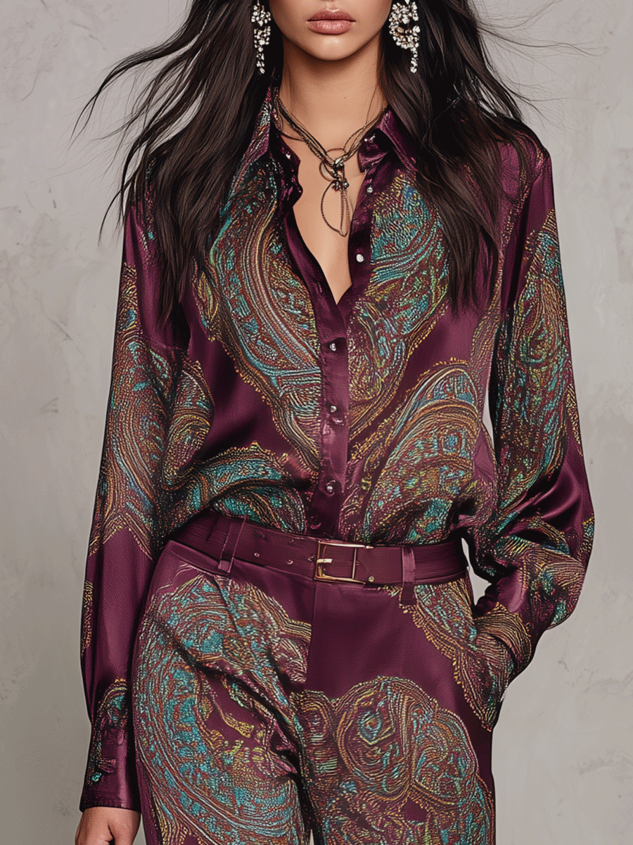 Paisley Print Satin Long Sleeve Shirt & Wide Leg Pants Set