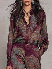 Paisley Print Satin Long Sleeve Shirt & Wide Leg Pants Set