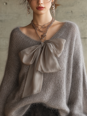 Soft Grey Mohair Knit Bow Tie Sweater