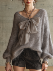 Soft Grey Mohair Knit Bow Tie Sweater