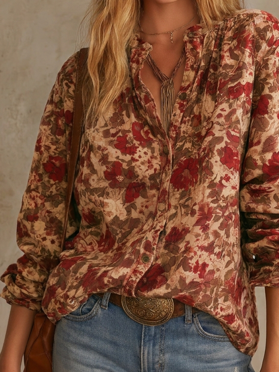 Soft Bohemian Earth-Tone Floral Blouse Top