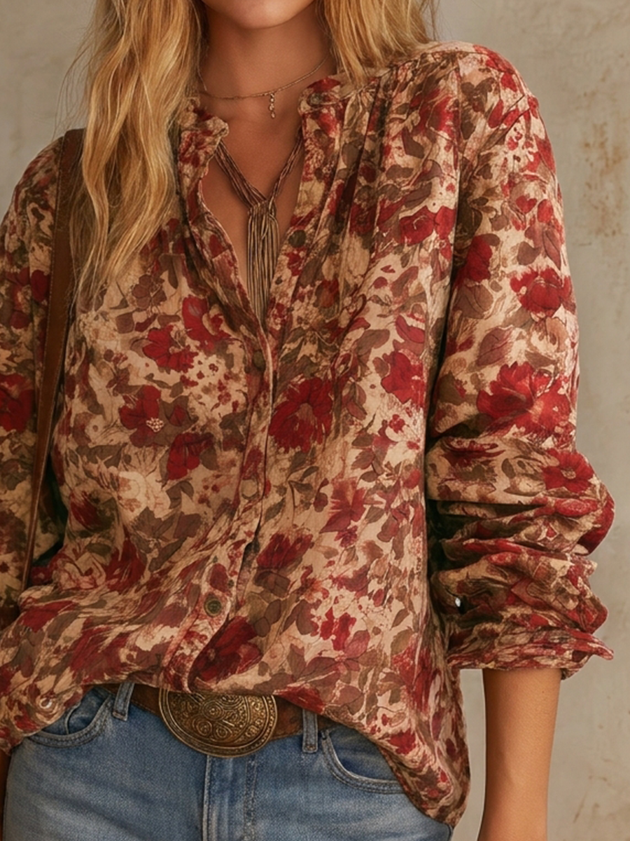 Soft Bohemian Earth-Tone Floral Blouse Top