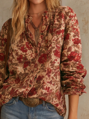 Soft Bohemian Earth-Tone Floral Blouse Top