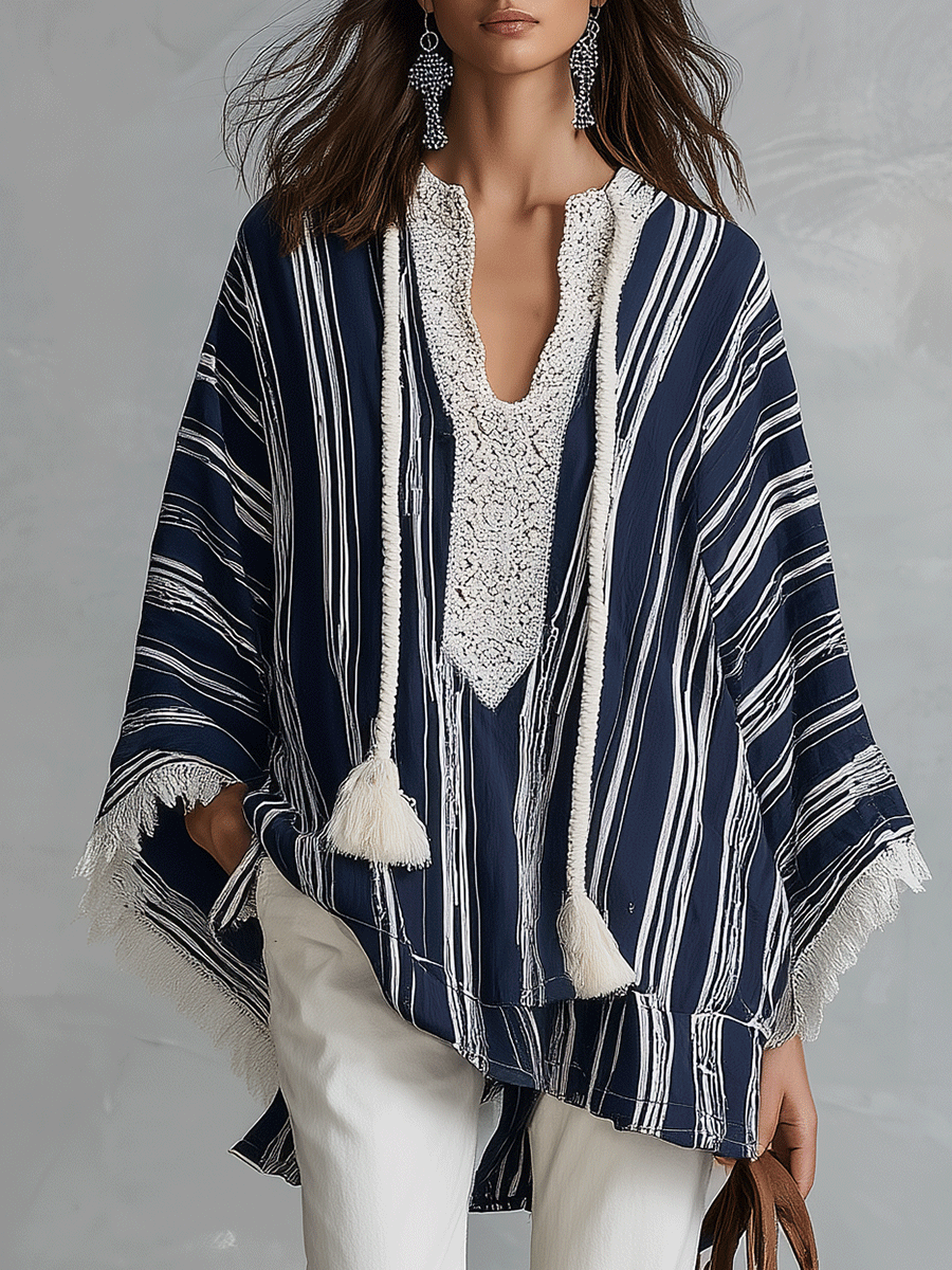Women's Navy Striped Tassel-Tie Lace Trim Blouse