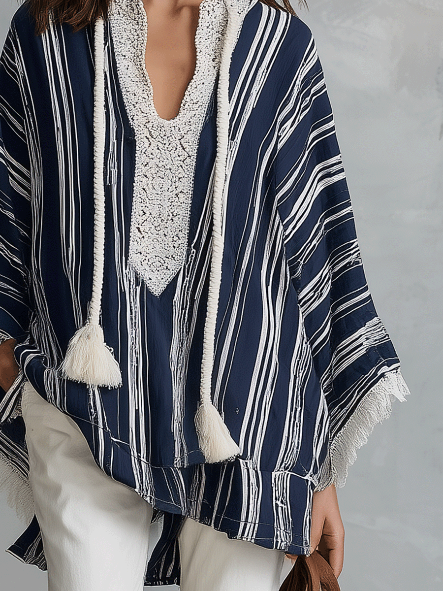 Women's Navy Striped Tassel-Tie Lace Trim Blouse