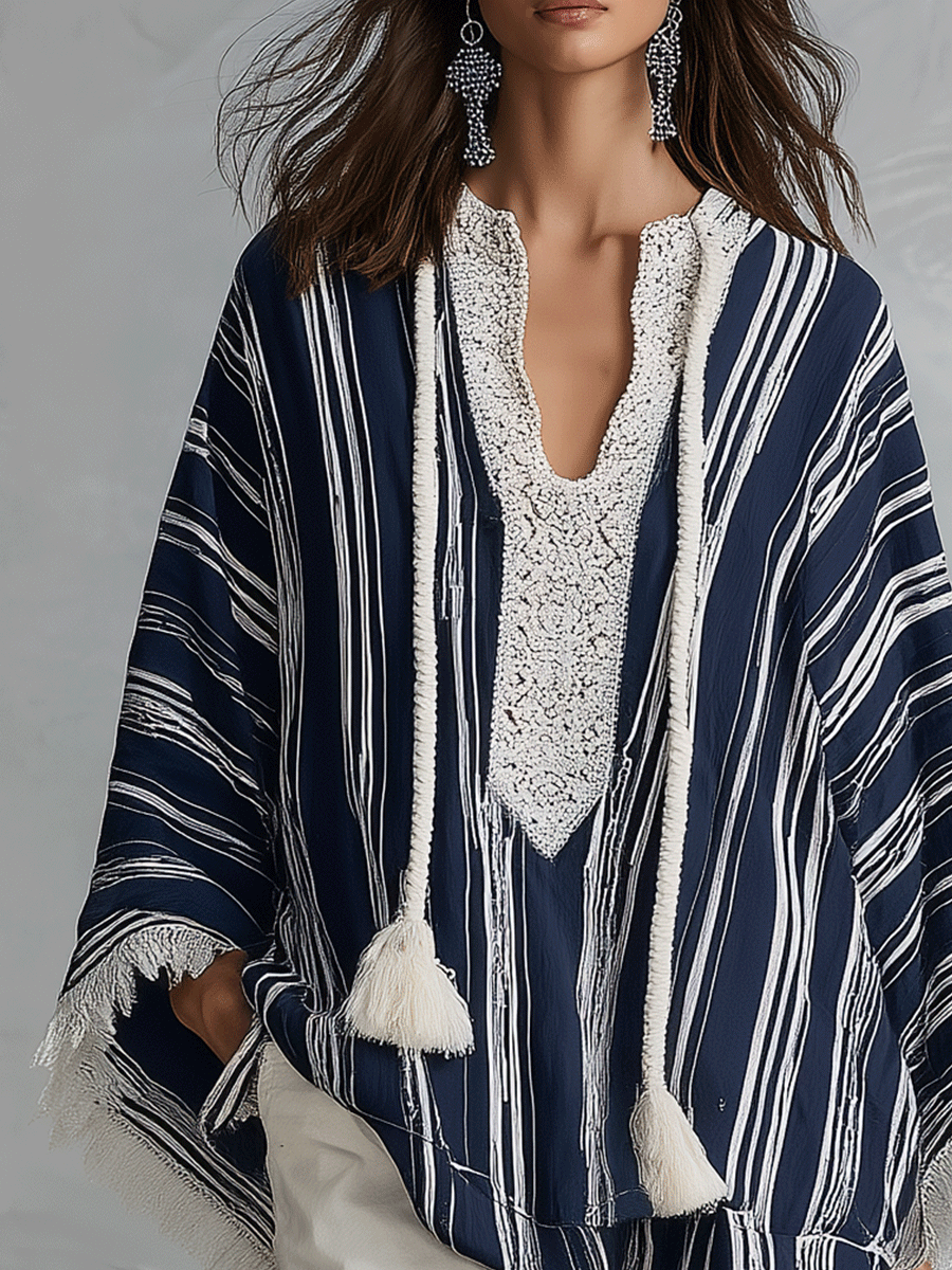 Women's Navy Striped Tassel-Tie Lace Trim Blouse