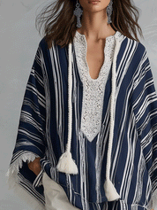 Women's Navy Striped Tassel-Tie Lace Trim Blouse