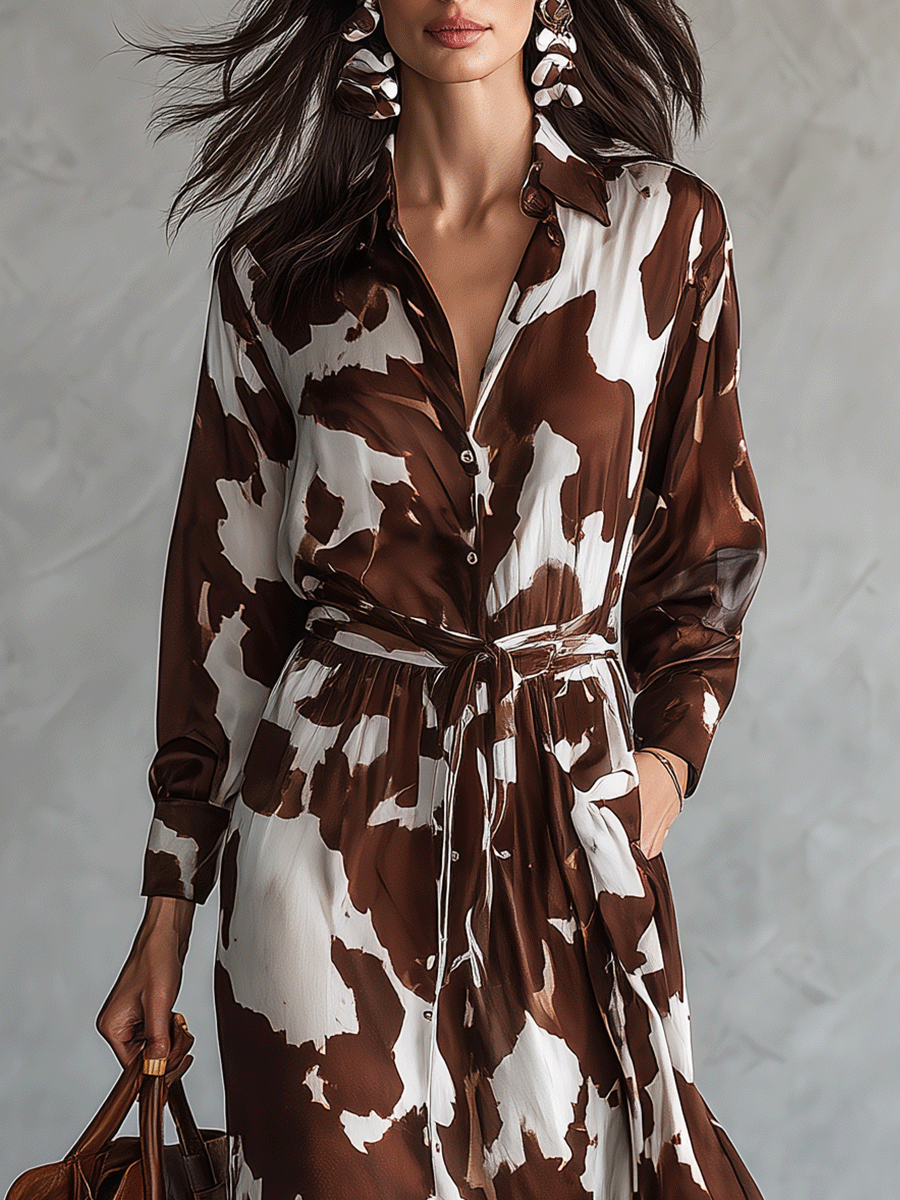 Women's Cow Print Long Sleeve Shirt Collar Maxi Dress