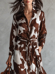 Women's Cow Print Long Sleeve Shirt Collar Maxi Dress