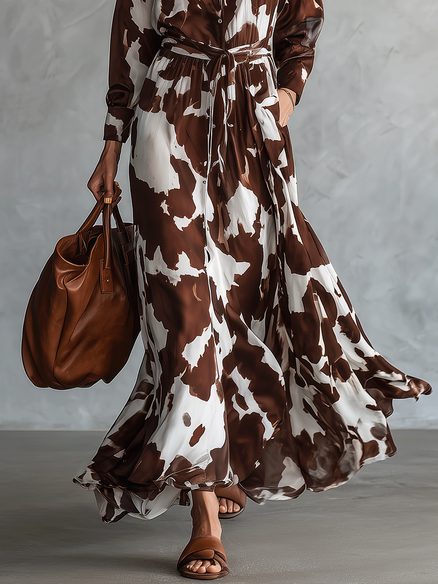 Women's Cow Print Long Sleeve Shirt Collar Maxi Dress