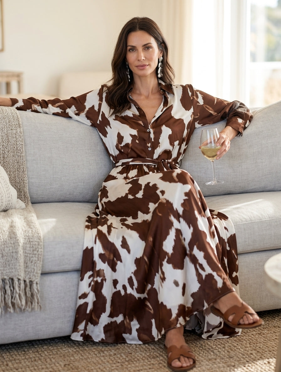 Women's Cow Print Long Sleeve Shirt Collar Maxi Dress