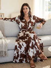 Women's Cow Print Long Sleeve Shirt Collar Maxi Dress