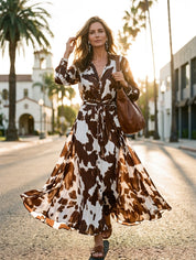 Women's Cow Print Long Sleeve Shirt Collar Maxi Dress