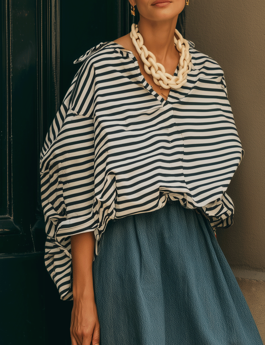 Coastal Chic Cotton Blend Relaxed-Fit Navy Stripe Blouse