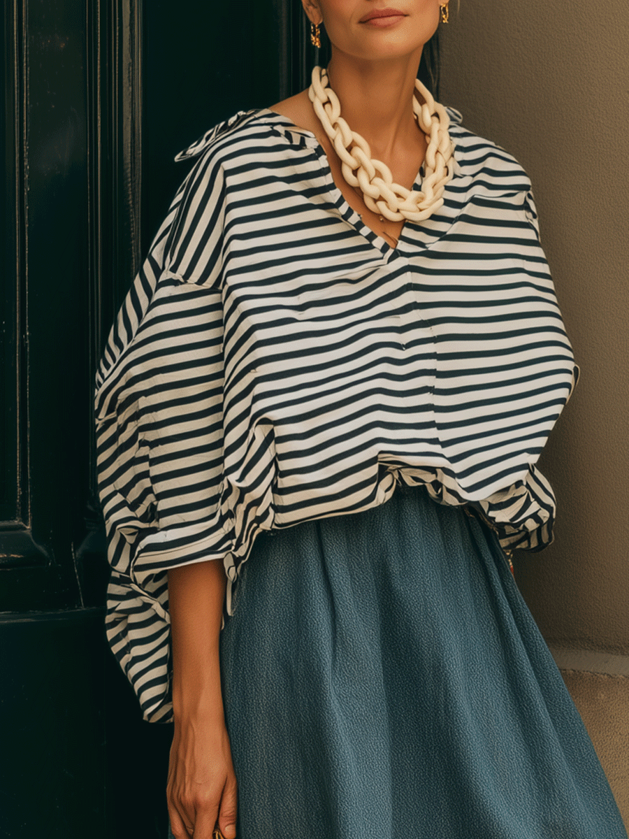 Coastal Chic Cotton Blend Relaxed-Fit Navy Stripe Blouse