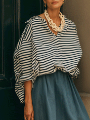 Coastal Chic Cotton Blend Relaxed-Fit Navy Stripe Blouse