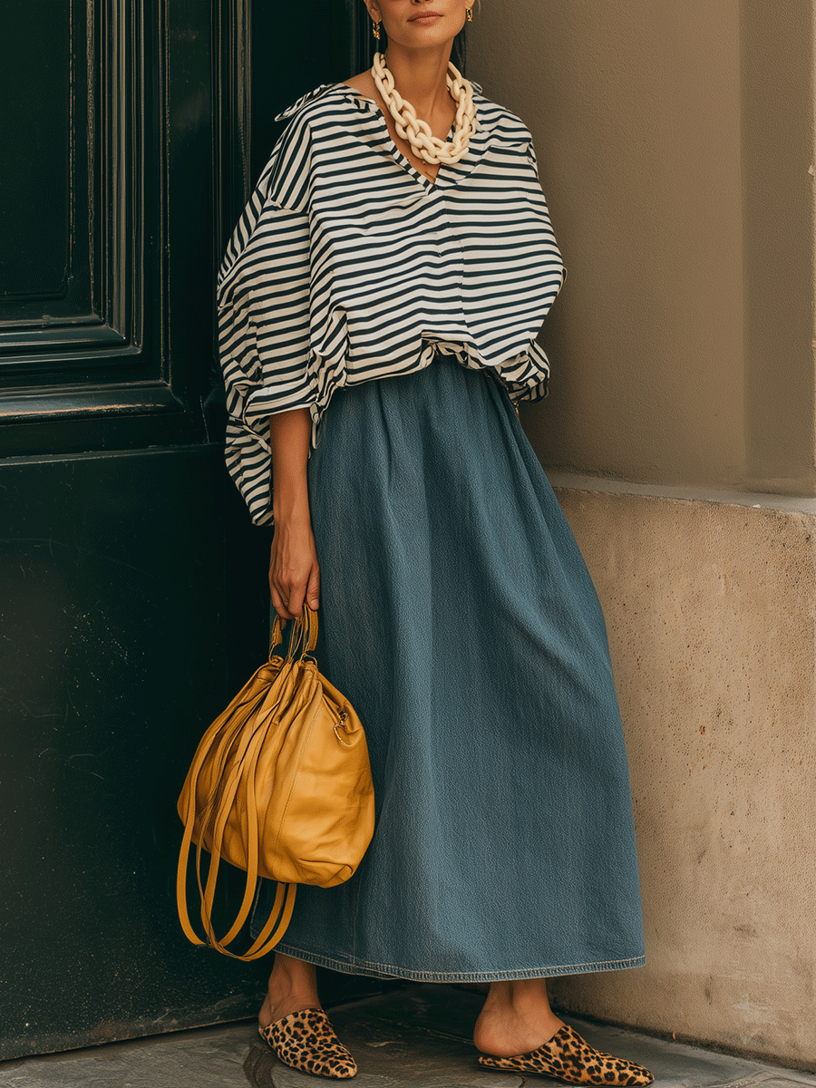Coastal Chic Cotton Blend Relaxed-Fit Navy Stripe Blouse