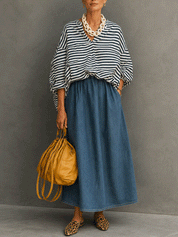 Coastal Chic Cotton Blend Relaxed-Fit Navy Stripe Blouse