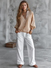 Women's Lace Crochet Panel V-Neck Balloon Sleeve Blouse