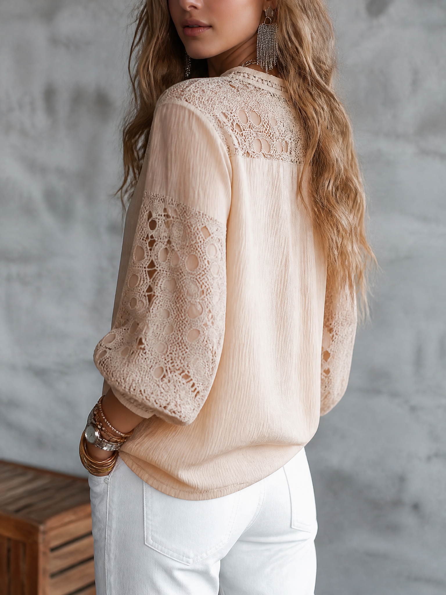 Women's Lace Crochet Panel V-Neck Balloon Sleeve Blouse