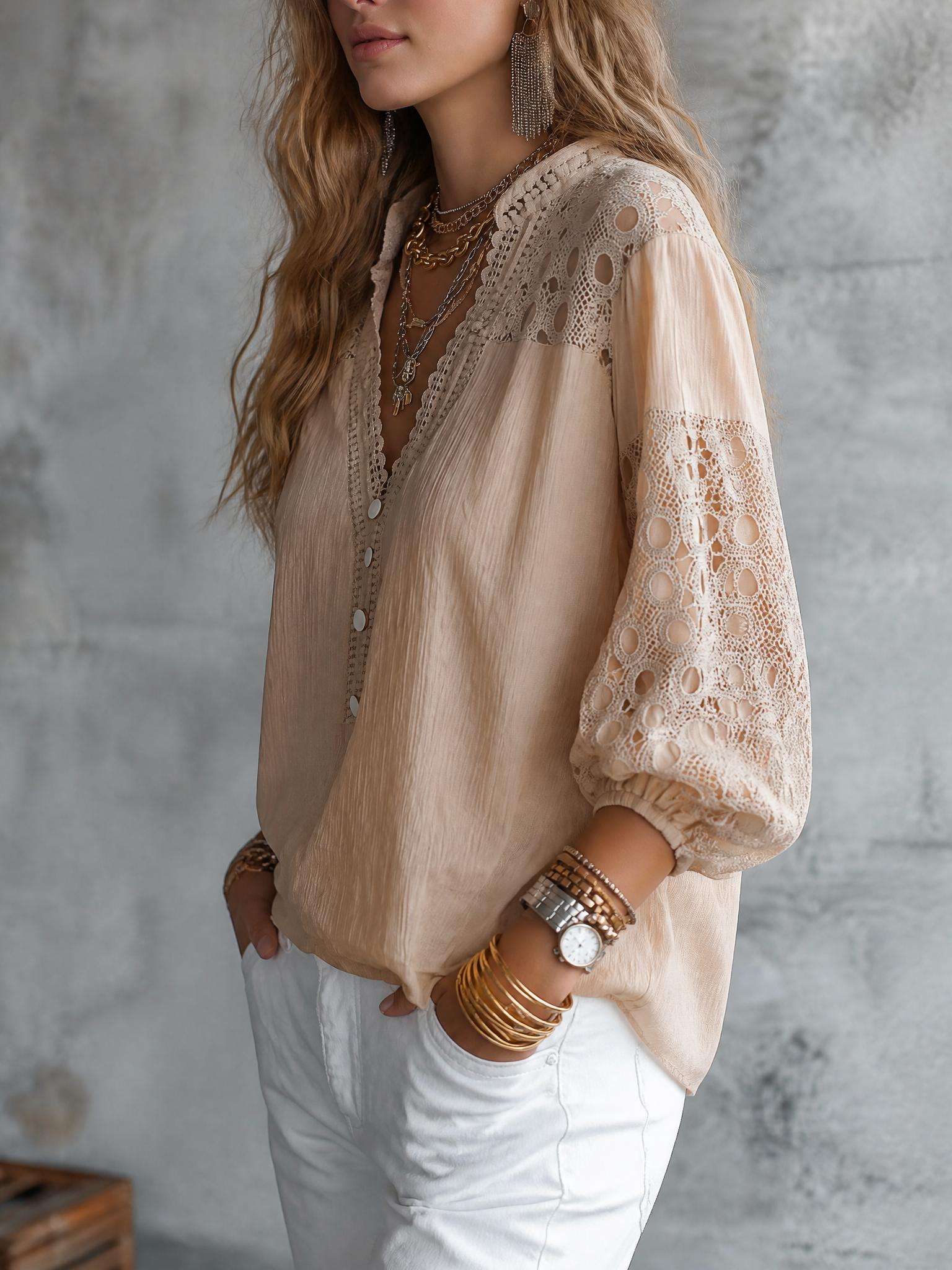Women's Lace Crochet Panel V-Neck Balloon Sleeve Blouse