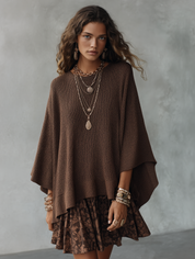 Cozy Boho Knit Cape Poncho Top & Floral Ruffle Skirt Brown Two-Piece Set