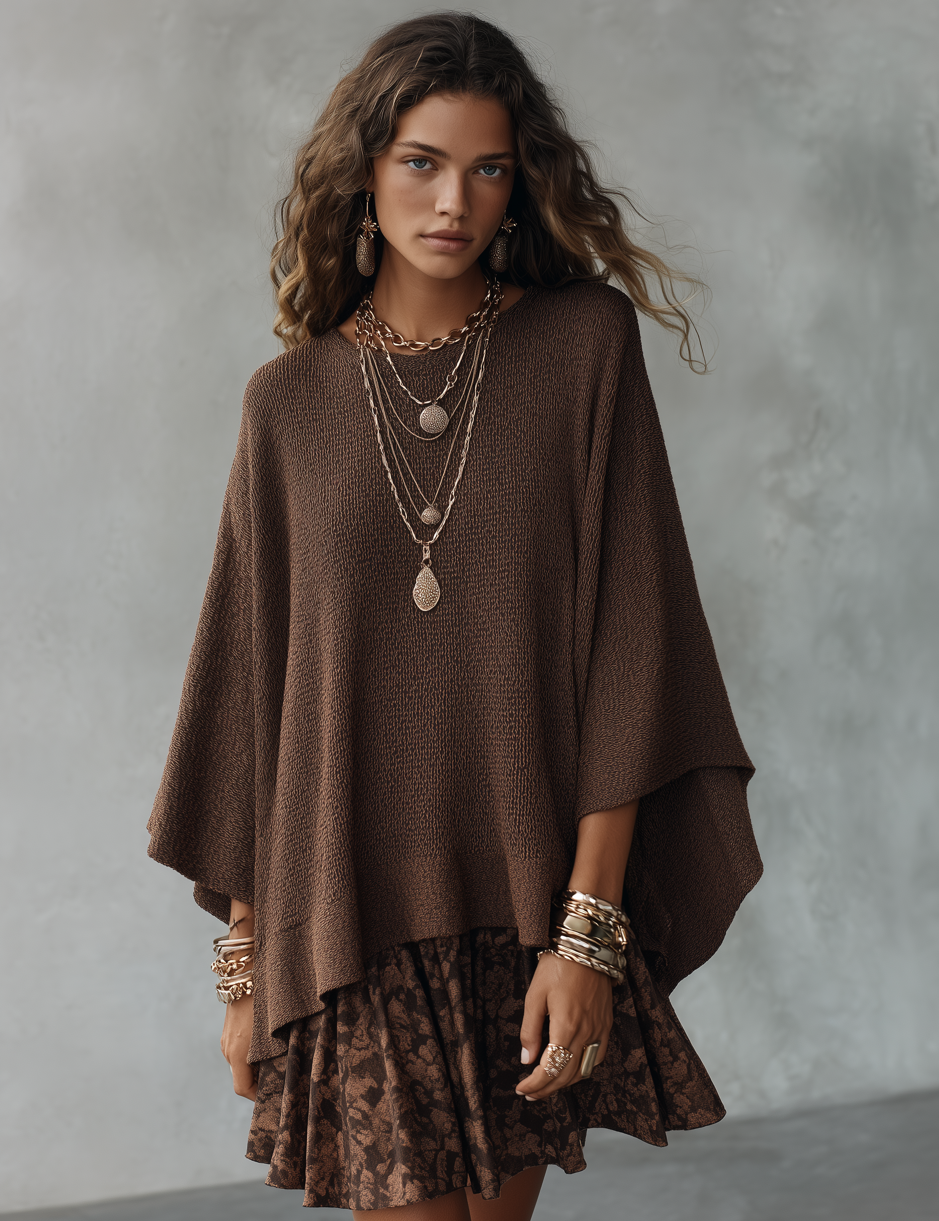 Cozy Boho Knit Cape Poncho Top & Floral Ruffle Skirt Brown Two-Piece Set